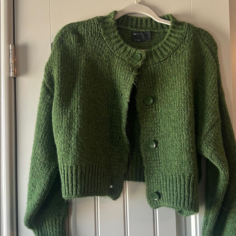 ADOS DESIGN Crew Neck Loose Knit Cardigan in Green - Picture 5 of 5